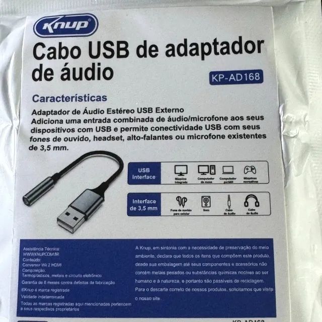 Cabo Adaptador de Áudio USB Externo Knup KP-AD168 para P2 3,5mm - Foto 2