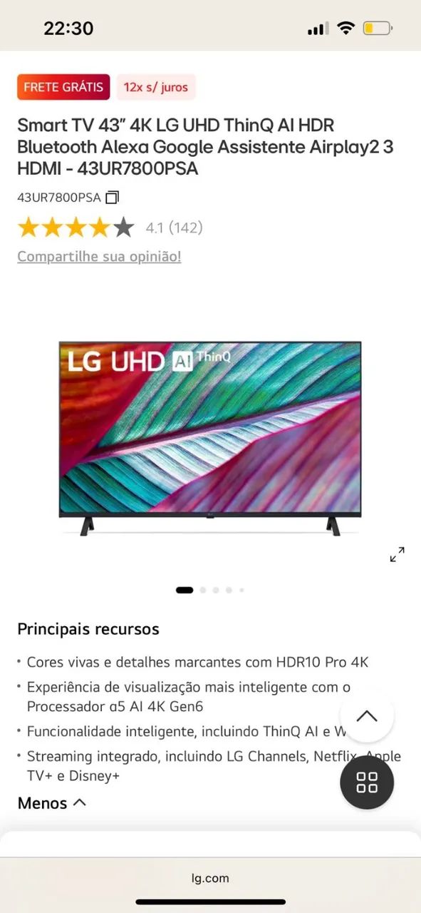 TV LG SmarTv 43 polegadas 4k UHD - Modelo 43UR7800PSA - Foto 2