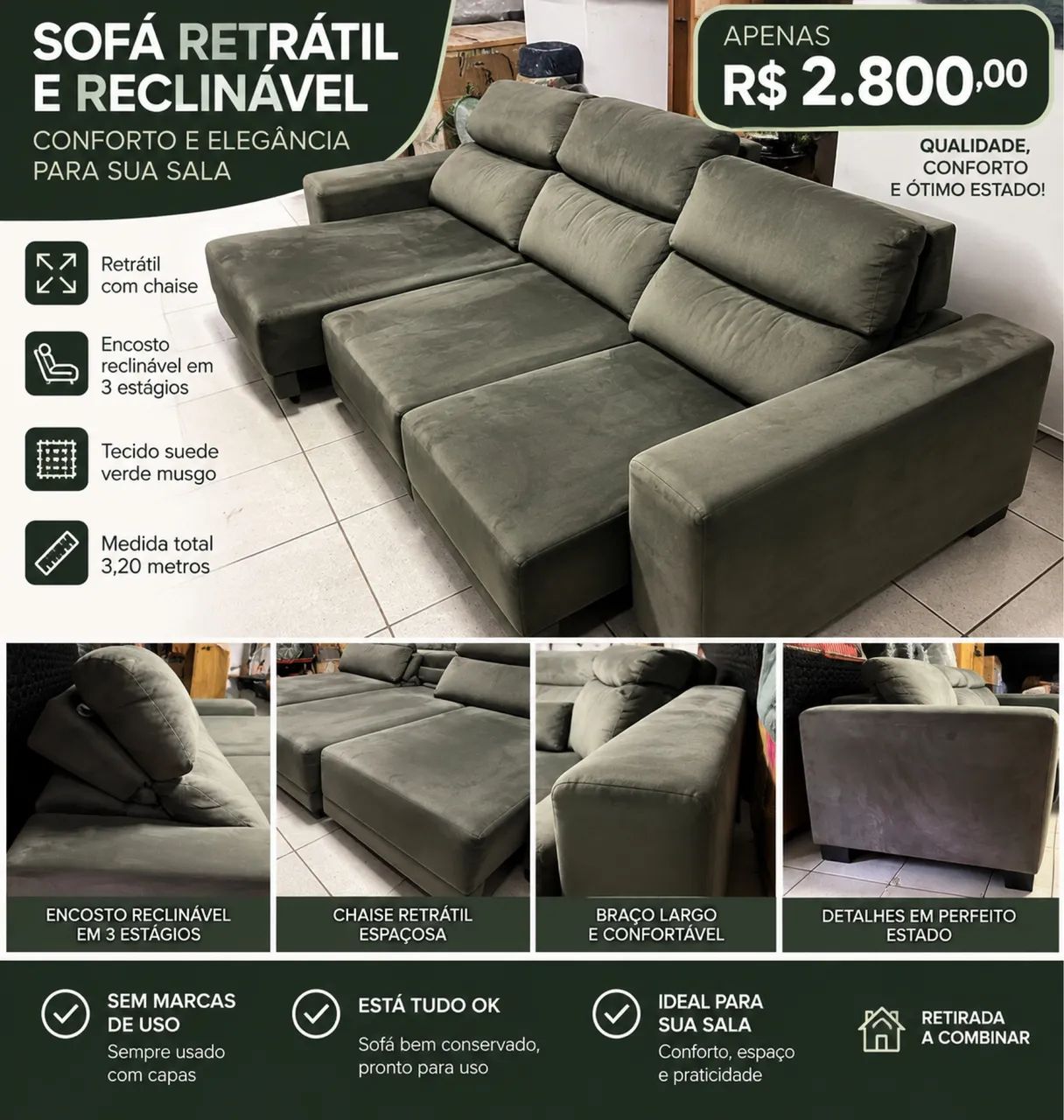 Sofá retrátil e reclinável 3,20 mts com chaise.