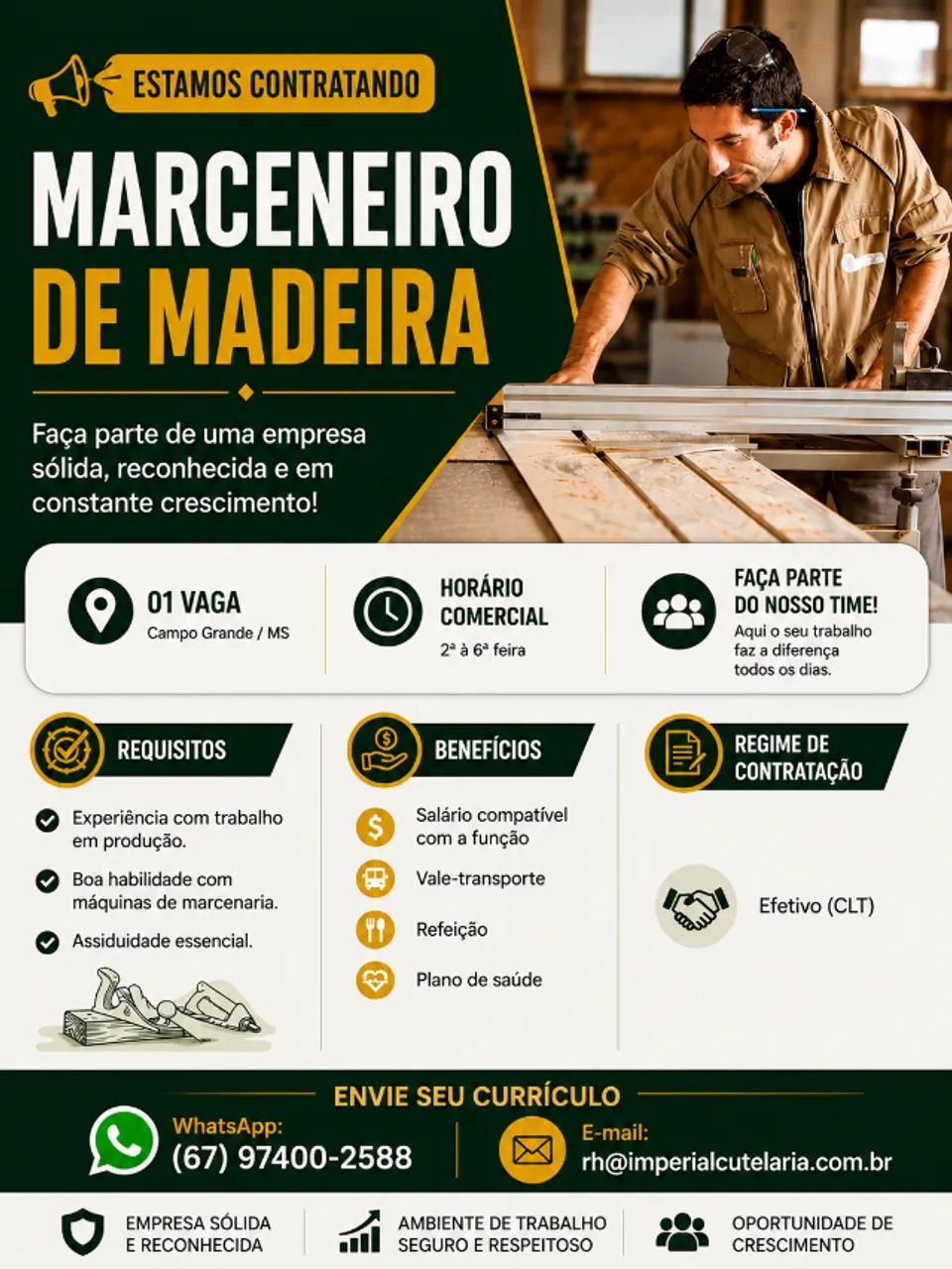 CONTRATO MARCENEIRO COM EXPERIÊNCIA COM MADEIRA