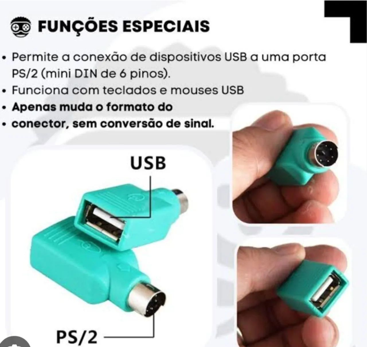 Kit 3 Adaptadores Microsoft PS2 (Macho) para USB (Fêmea) - Teclado e Mouse - Foto 3
