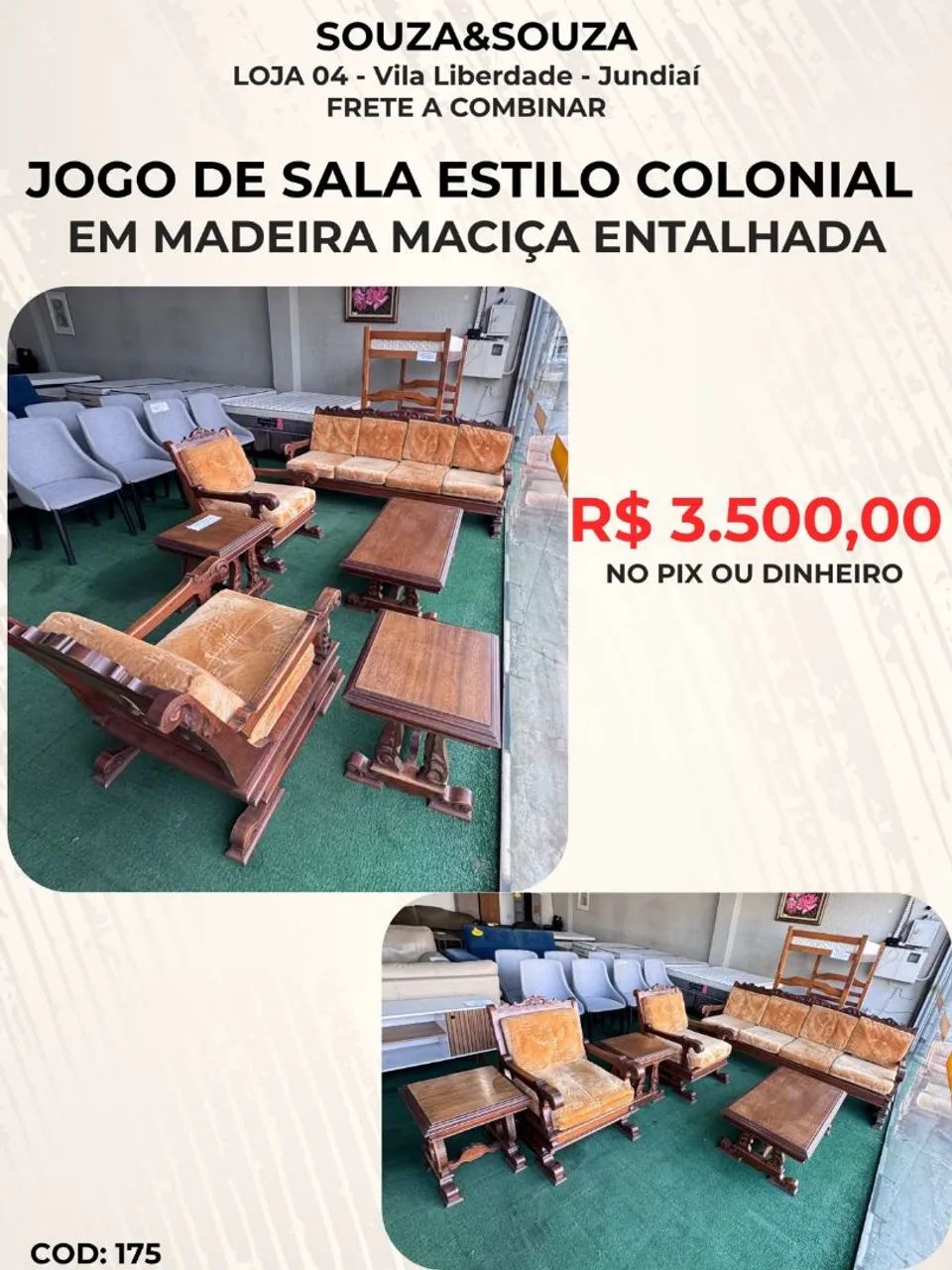 Jogo de Sofá Colonial em Madeira Maciça Entalhada