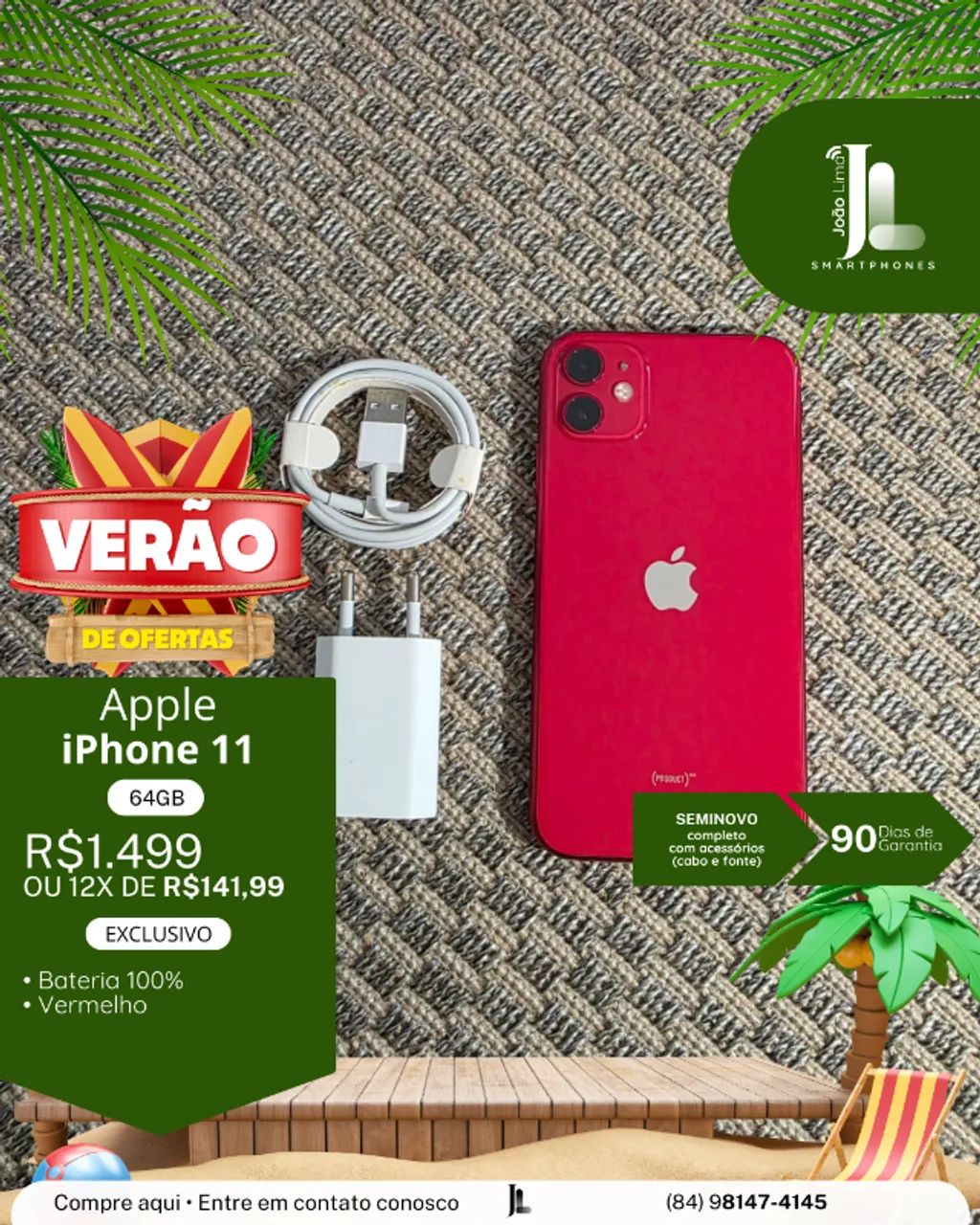 IPHONE 11, 64GB, VERMELHO, SEMINOVO, BATERIA 100%, EXCLUSIVO