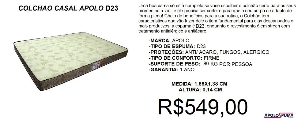 Colchão casal espuma d23 apolo - frete grátis