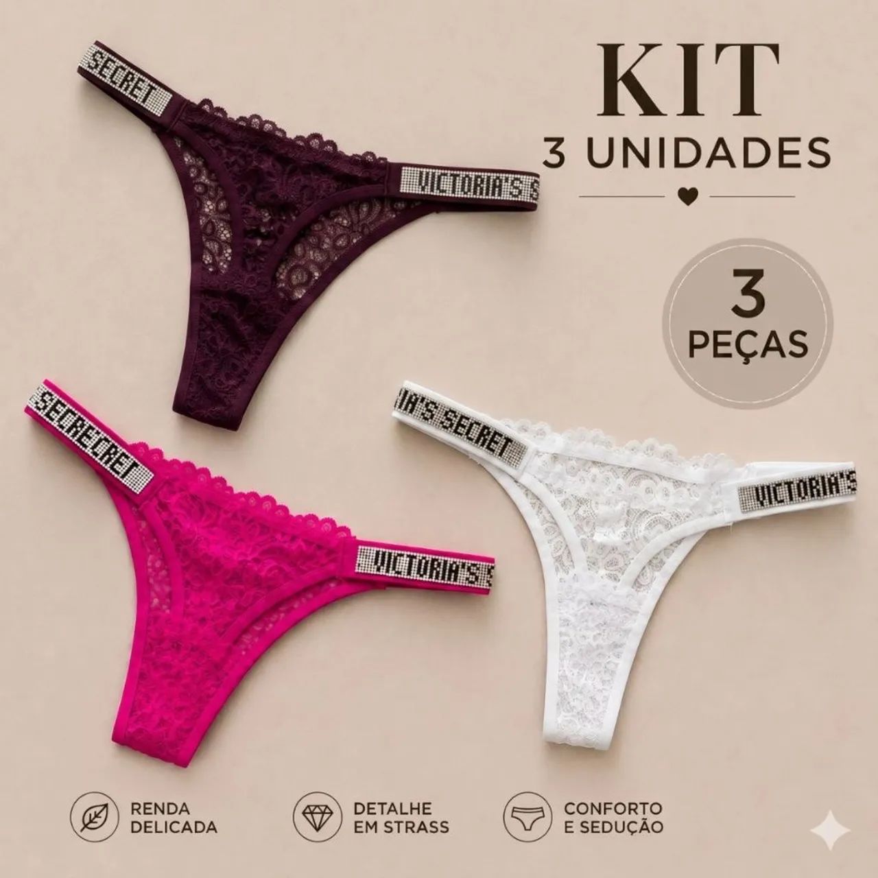 ? Kit 3 Calcinhas Fio Dental de Renda - Estilo Luxo - Foto 2