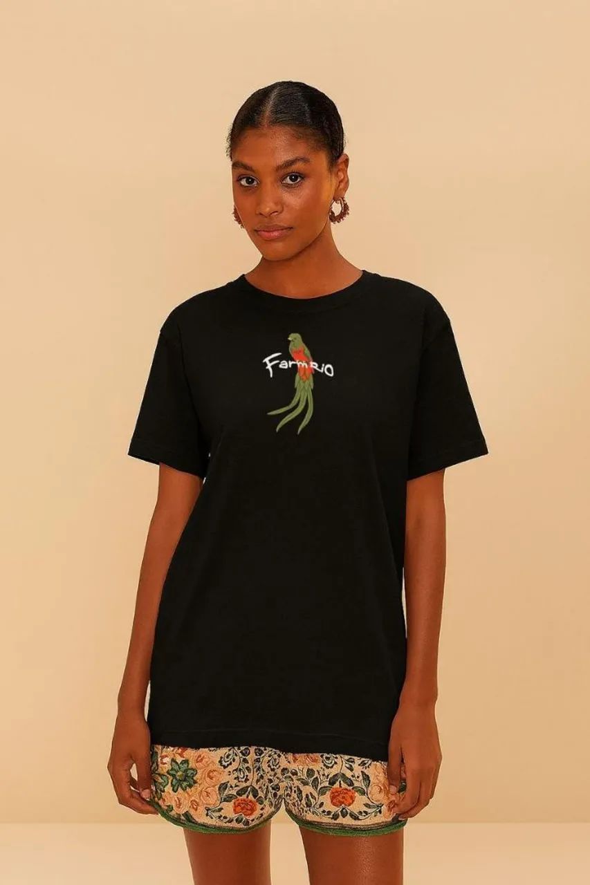 Camiseta feminina Farm rio preta coleção natal verão reveillon