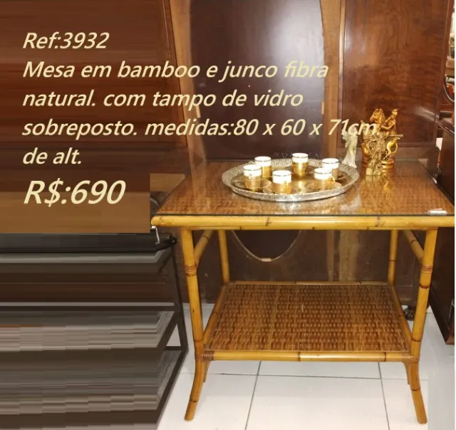mesa de fibra natural junco e bamboo, mais tampo de vidro