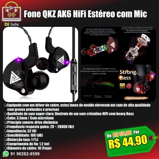 Fone QKZ AK6 HiFi Estéreo com Microfone