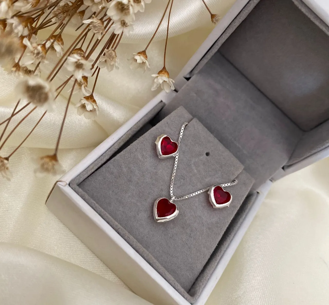 Conjunto Prata 925 colar Brincos Coração Vemelho Dia dos namorados presente feminino