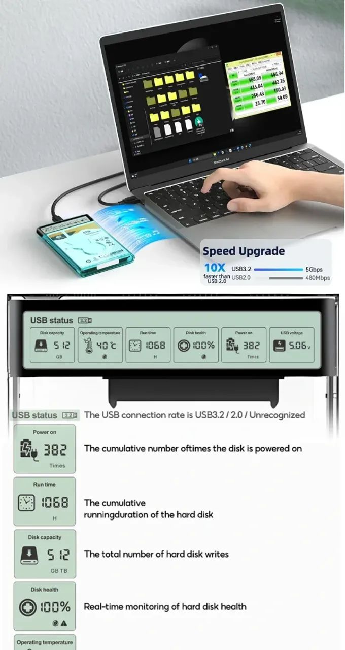 Gaveta, caixa hdd 2.5 ssd sata para usb 3.2 com adaptador 5gbps 
