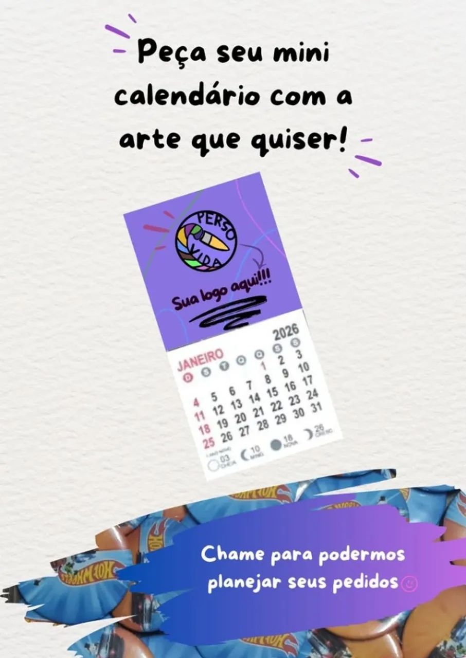 Mini Calendário 2026 Imã de Geladeira Personalizado