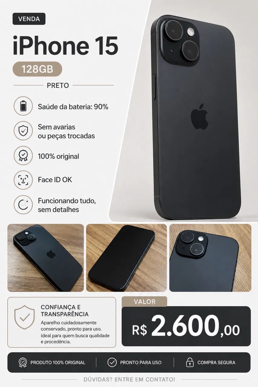 iPhone 15 128GB Preto 90% bateria