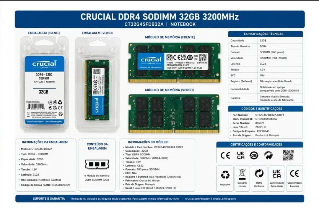 Memória RAM Crucial 32GB DDR4-3200 SODIMM CT32G4SFD832A - Memória