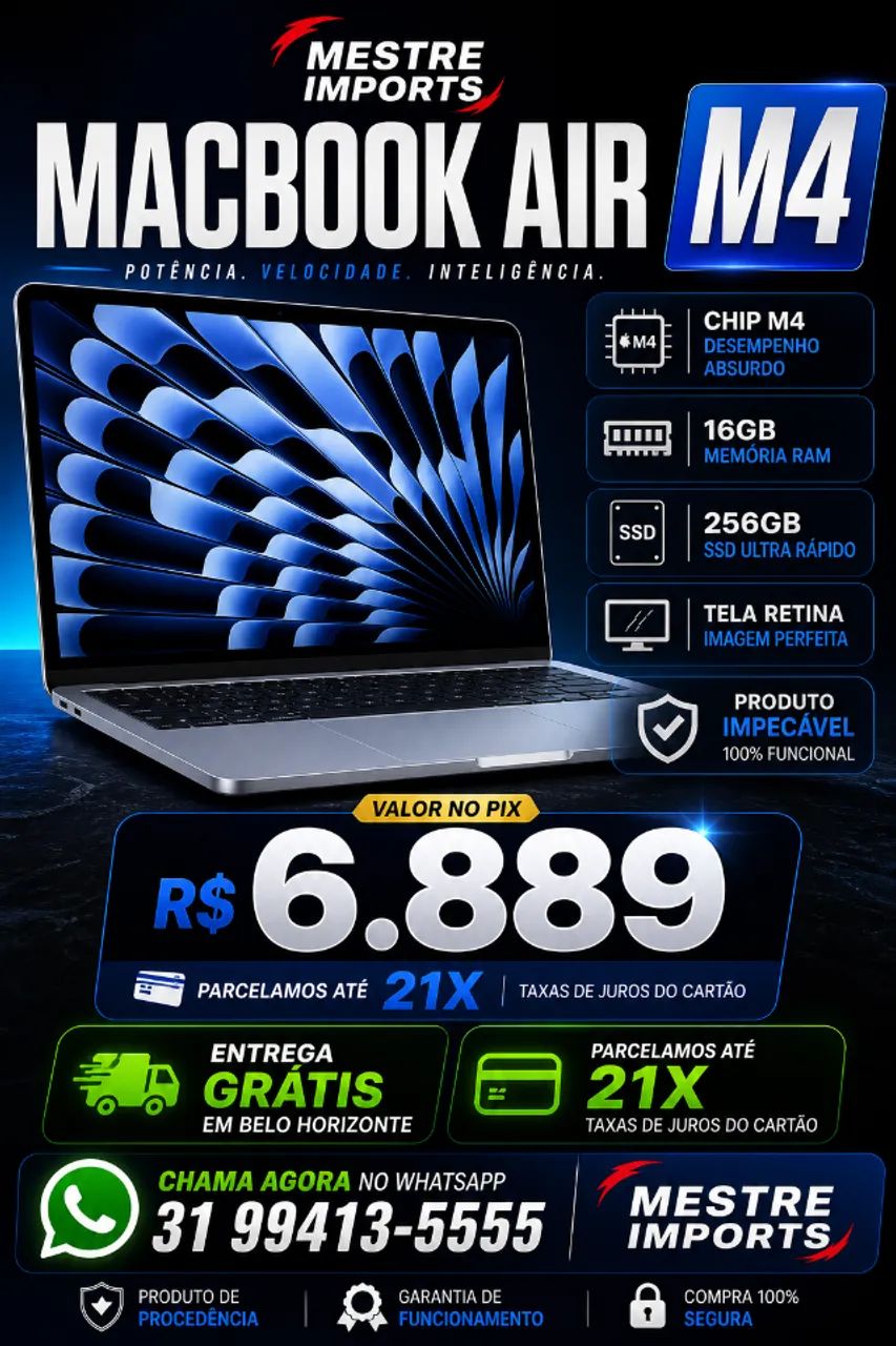 MacBook Air M4 16GB 256GB - NOVO COM NOTA FISCAL E GARANTIA APPLE