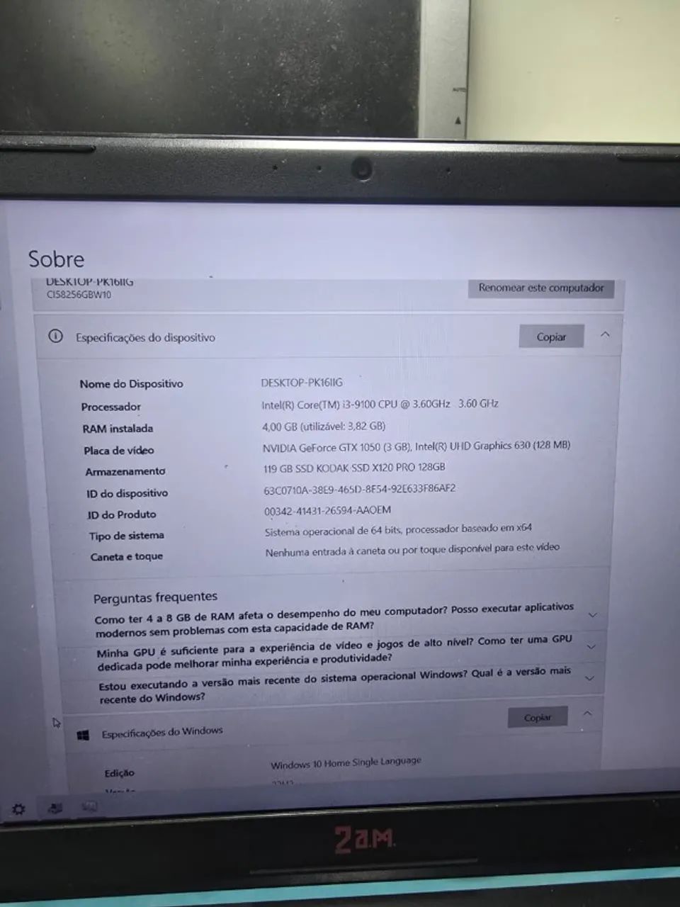Notebook 2AM com i3 9100 de desktop e GTX 1050 3GB - Sem ram e armazenamento - Foto 2
