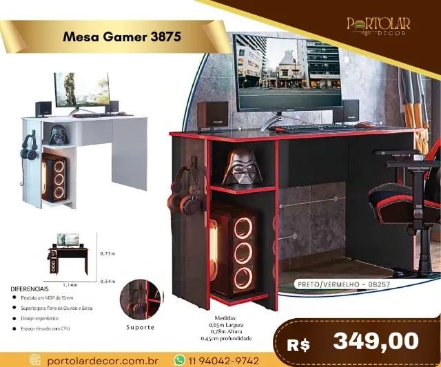 Mesa Gamer 3875, a pronta entrega 