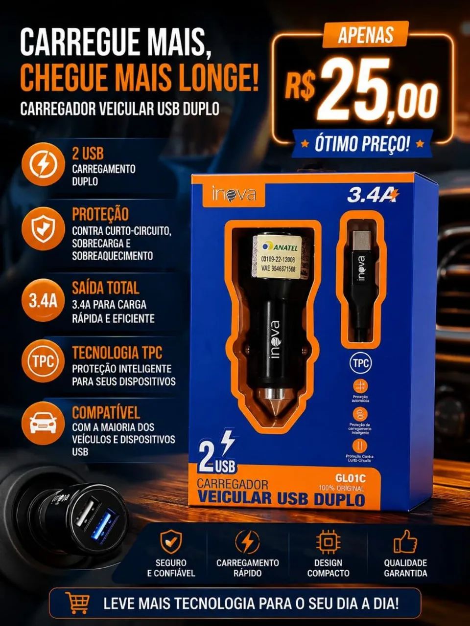 CARREGADOR VEICULAR USB DUPLO 