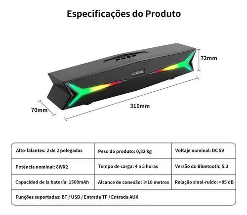 Soundbar Gamer RGB, Bluetooth, Aux, Coibeu. - Foto 2
