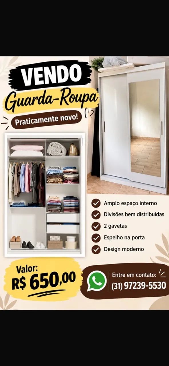 Guarda-roupa solteiro com espelho 