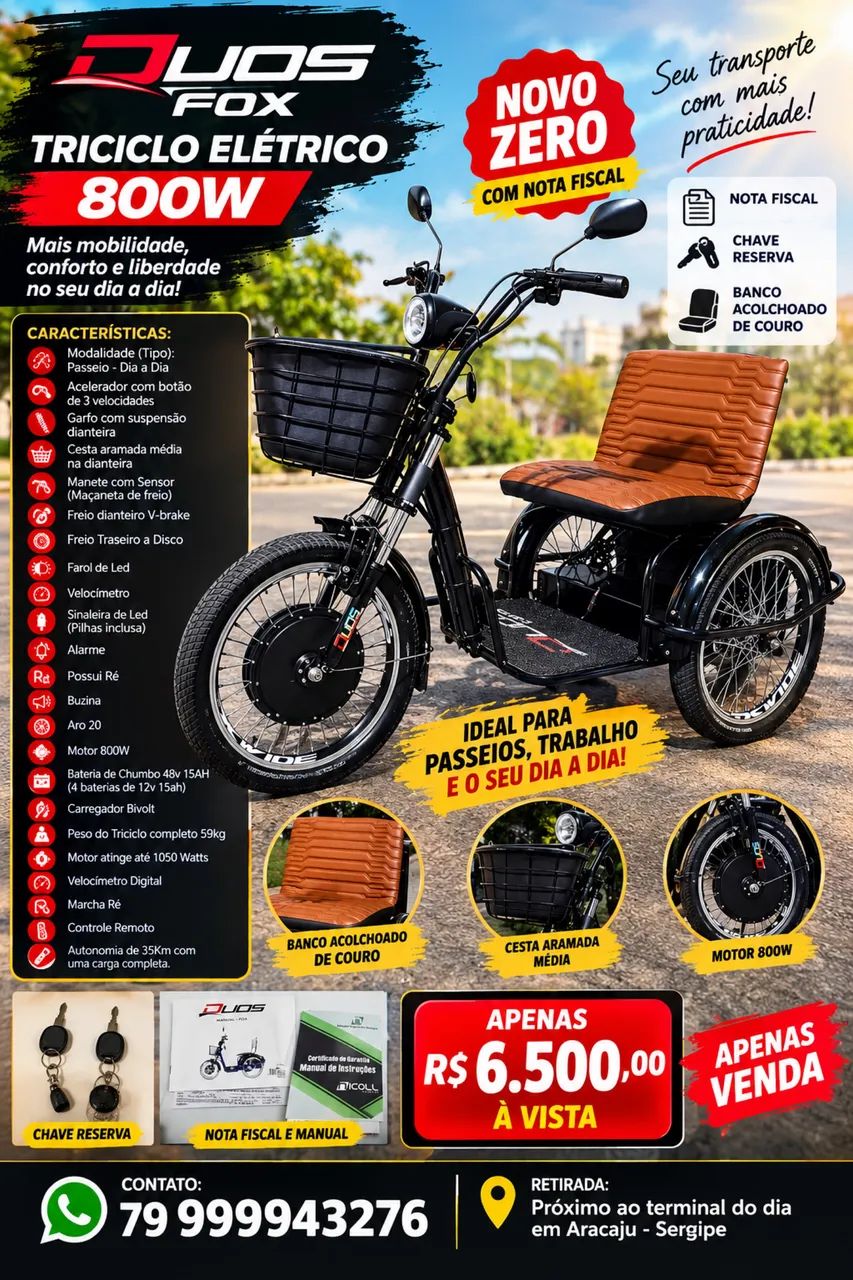 Triciclo Elétrico Duos Fox 800W - Novo Zero
