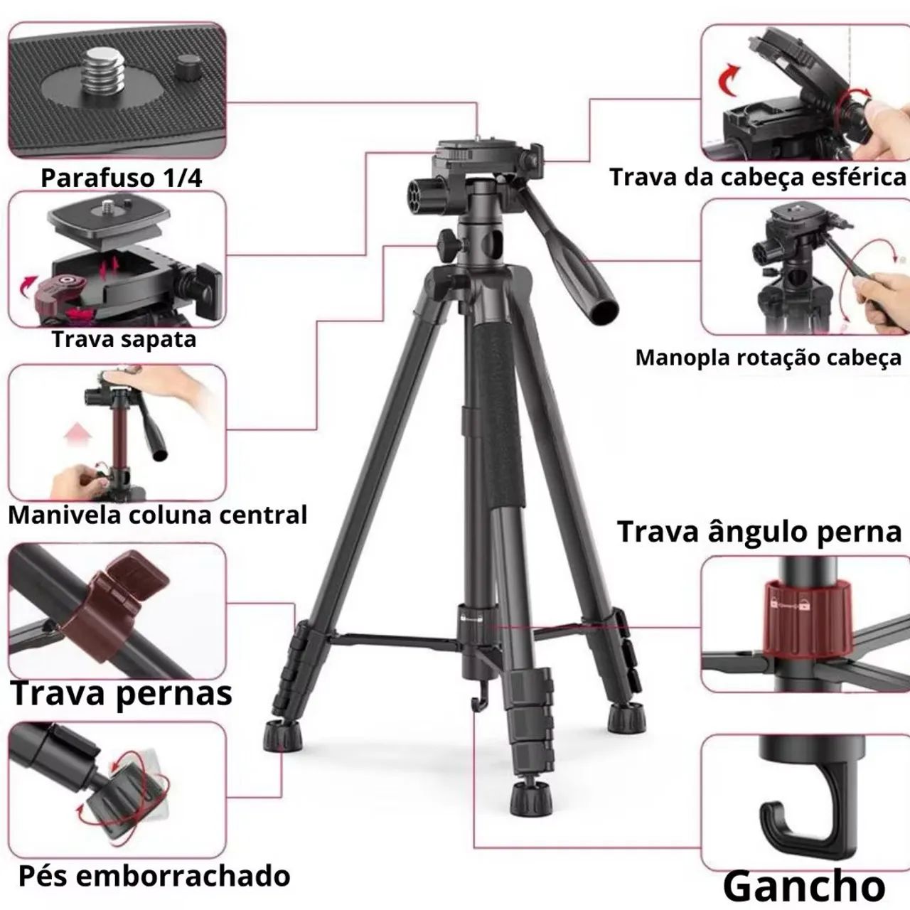 Tripé Profissional 2.06m + Suporte Para Celular Câmera - Foto 2