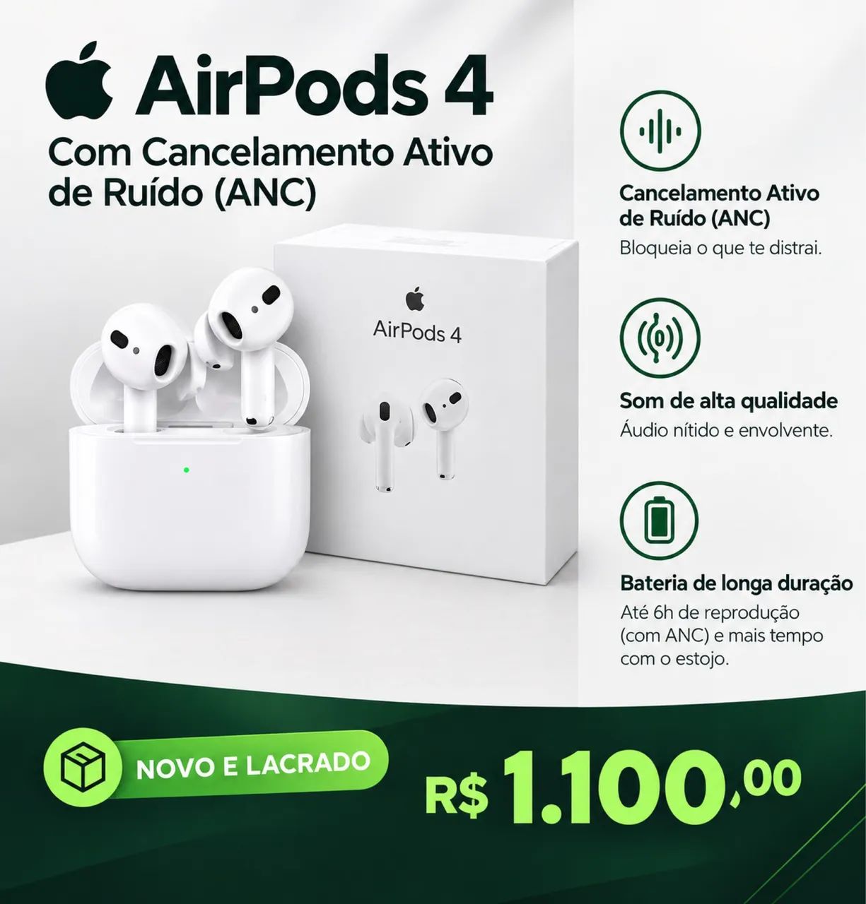 AirPods 4 com Cancelamento Ativo de Ruído (ANC) ? NOVO E LACRADO