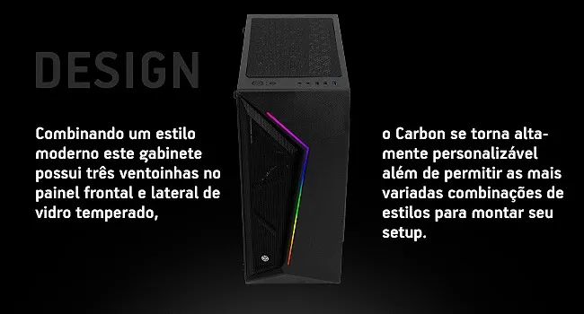 Gabinete gamer carbon black, cbn-blk02 vidro 3 fans 1 homer
