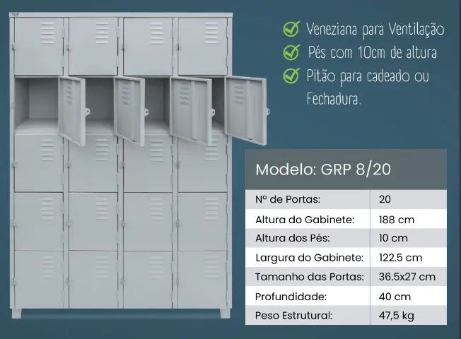 Roupeiro de Aço 20 Portas Pequenas - Guarda Volumes - Armário de Aço - GRP8/20