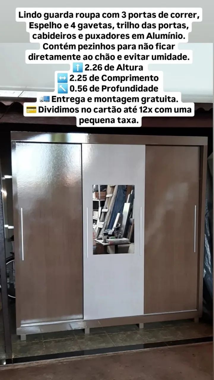 Entrega e montagem gratuita, lindo guarda roupa com 3 portas de correr Espelho e 4 gavetas