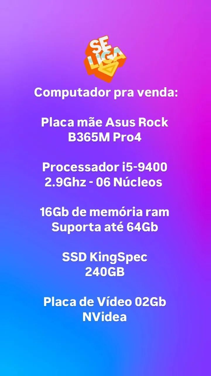 Computador Gamer i5-9400 16GB RAM SSD 240GB