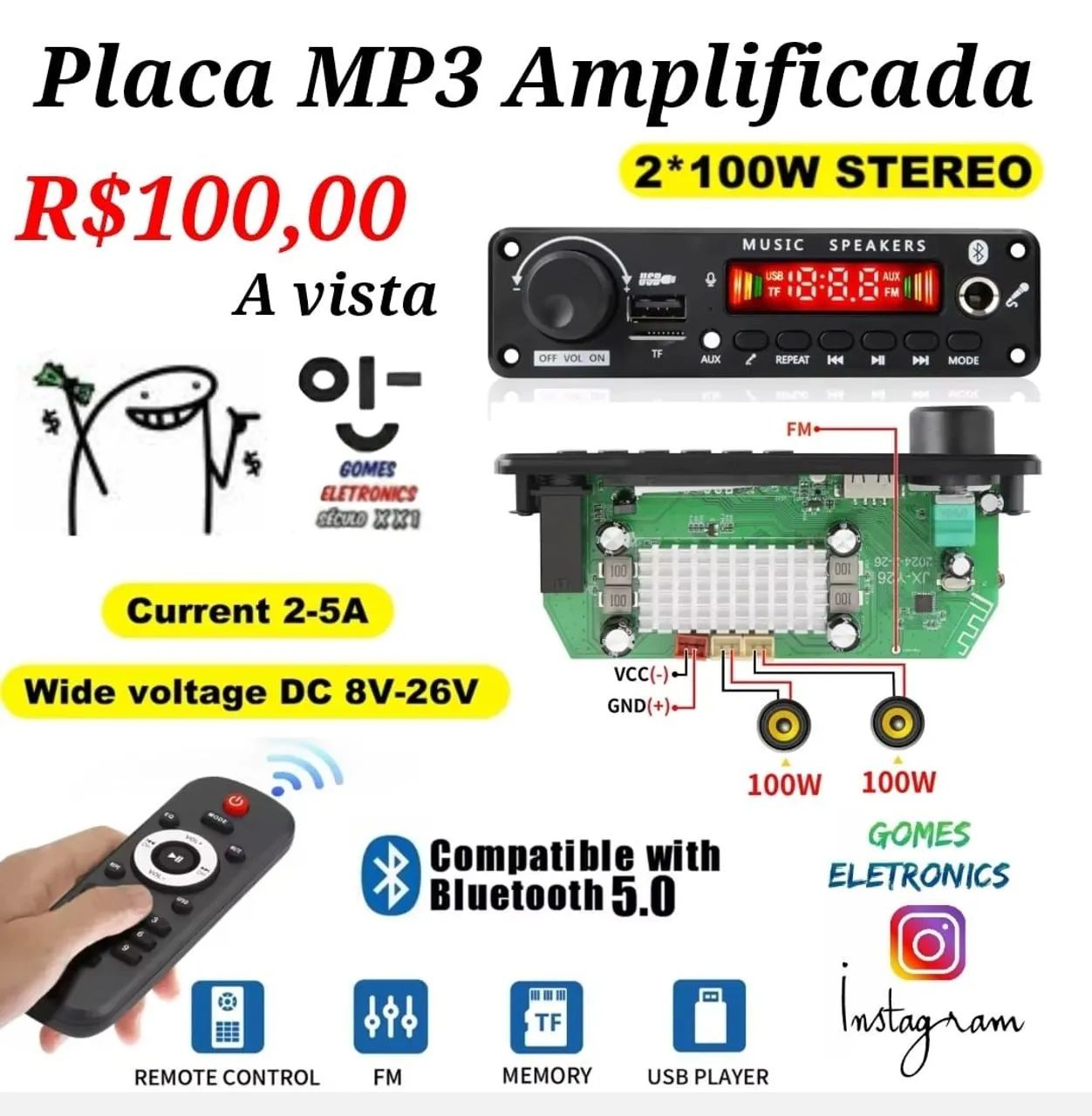 Placa MP3 Amplificada 2x100W Bluetooth 5.0