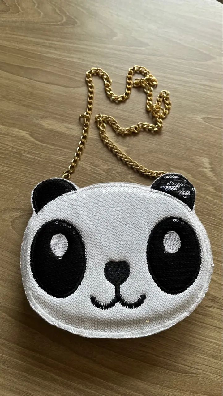Bolsa Infantil Panda com Paetês e Corrente Dourada