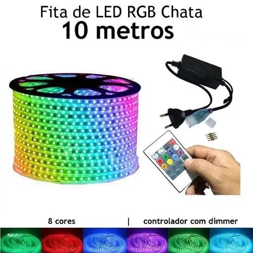 10 Metros Fita Led Chata Rgb 5050 Ip65 + Controle com Memória