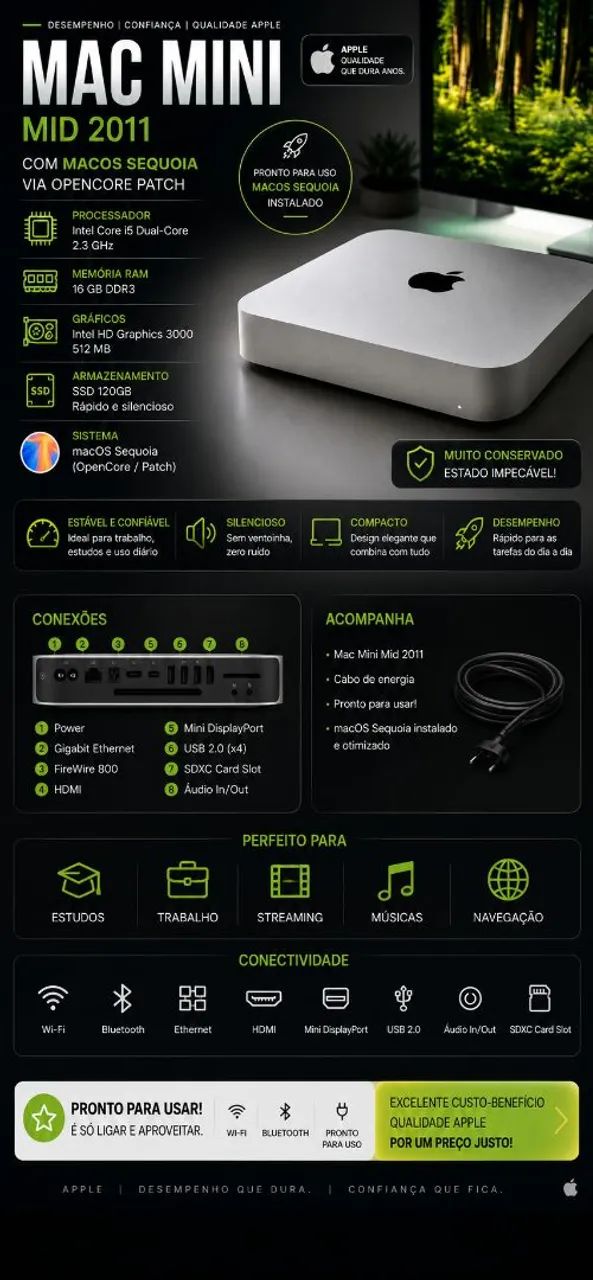 Mac Mini Mid 2011 i5 16GB SSD + macOS Sequoia - Computadores e