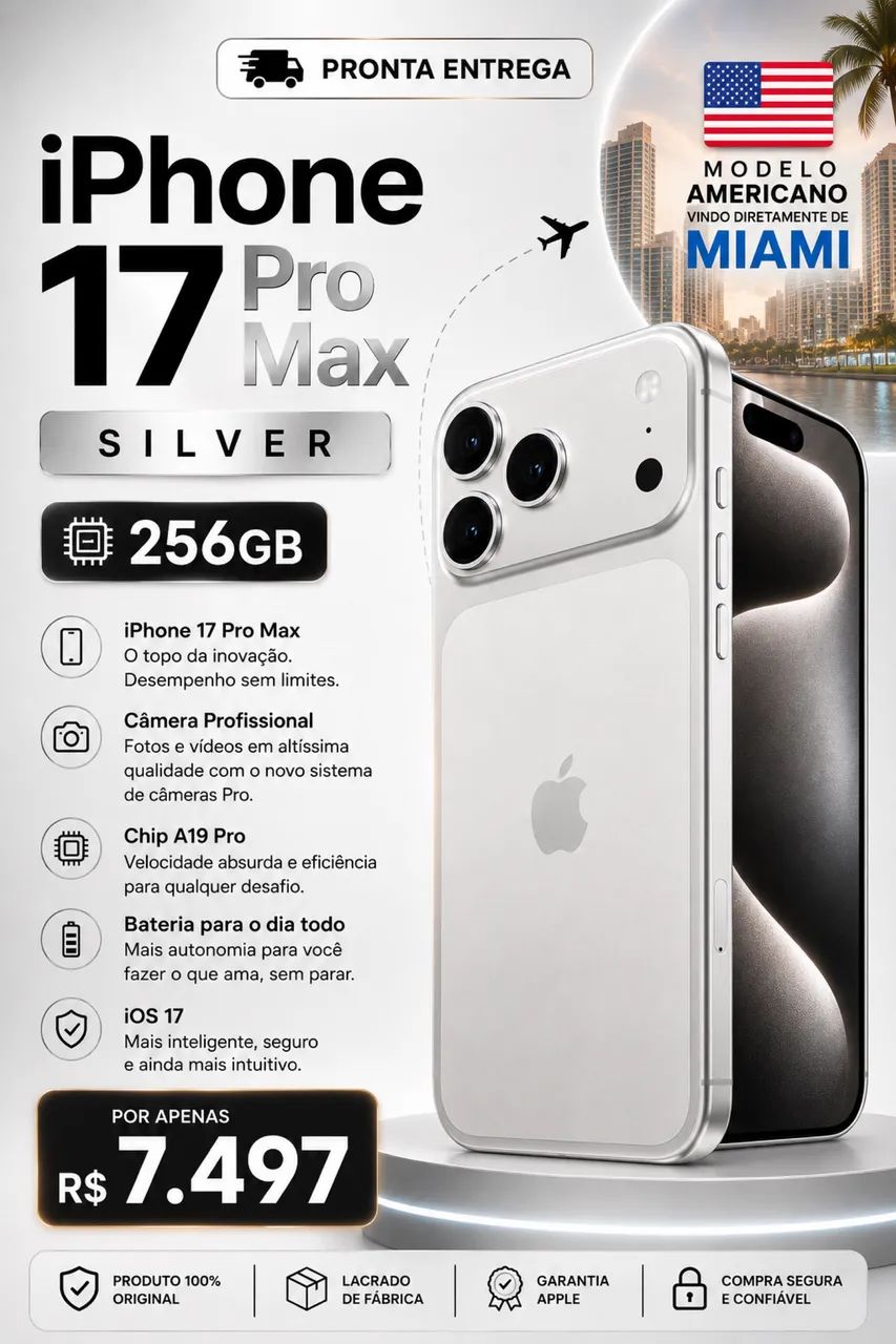 iPhone 17 Pro Max, 256gb, Prata/Silver, Americano
