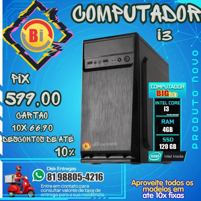 Computador Intel Core I3, Memória RAM 4GB, SSD 120GB - Em até 10x Fixas 