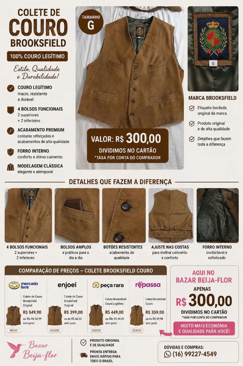 Colete em couro legítimo, marca Broksfield 