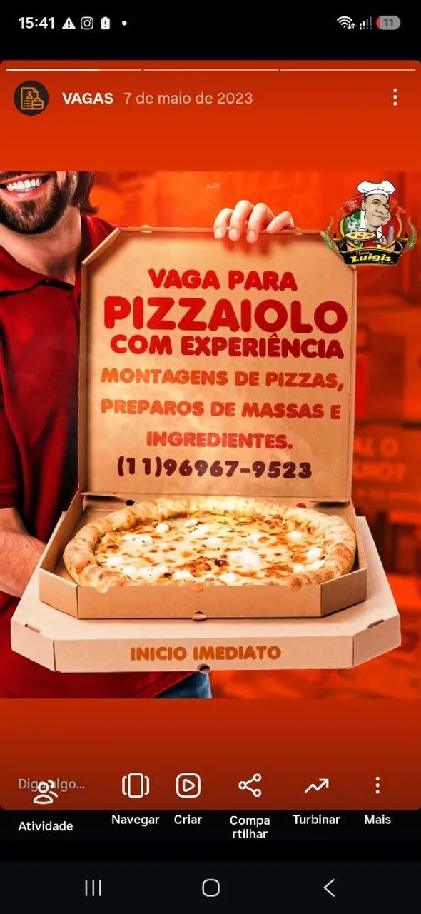 VAGA PARA PIZZAIOLO E AJUDANTE 