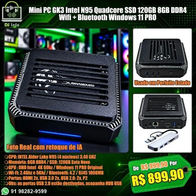 Mini PC GK3 Intel N95 Quadcore SSD 120GB 8GB DDR4 Wifi + Bluetooth Windows 11 PRO