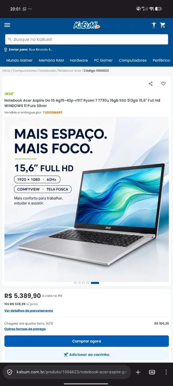 Notebook Acer Ryzen 7 5700u com vídeo integrado - Foto 2