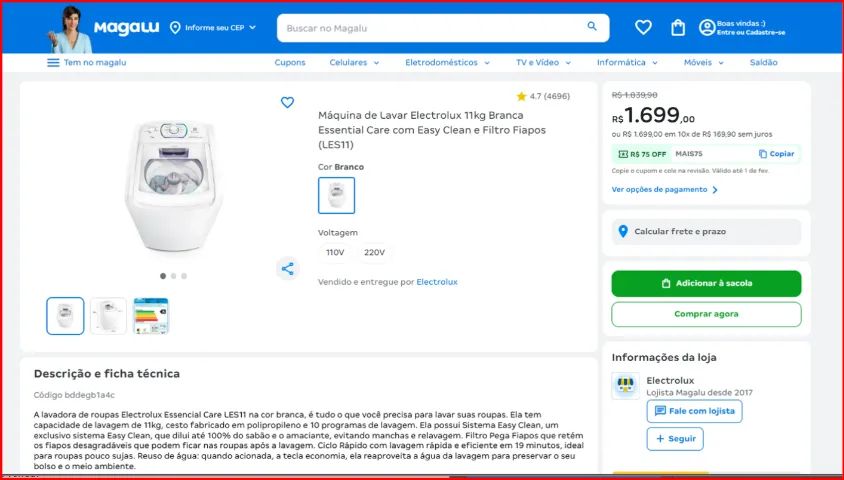 MÁQUINA DE LAVAR ROUPAS ELETROLUX BRANCA, 11KG, 220V - Foto 5