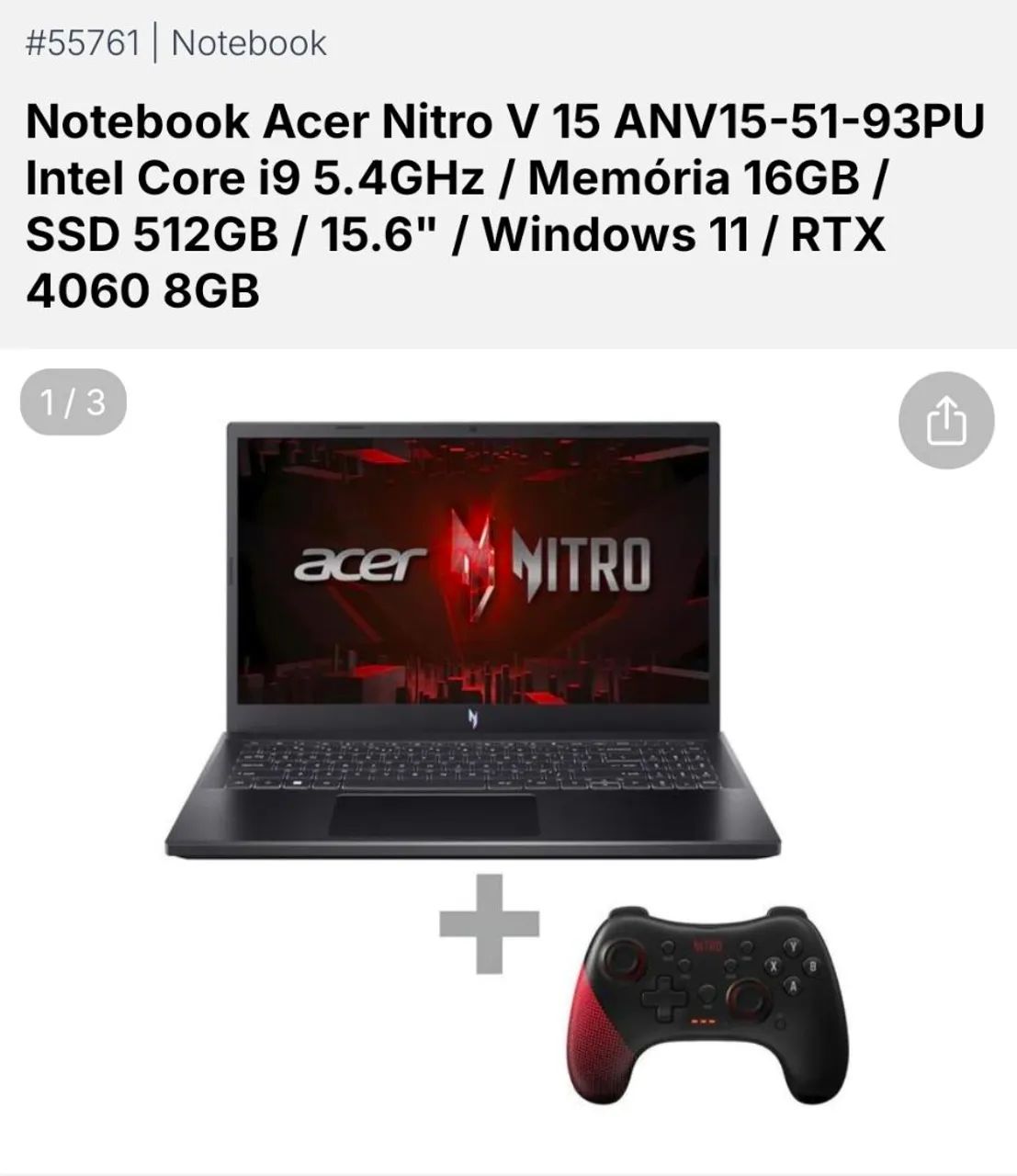 Notebook Acer Nitro V 15 Intel Core i9 5.4GHz / Memória 16GB / SSD 512GB  RTX 4060 8GB