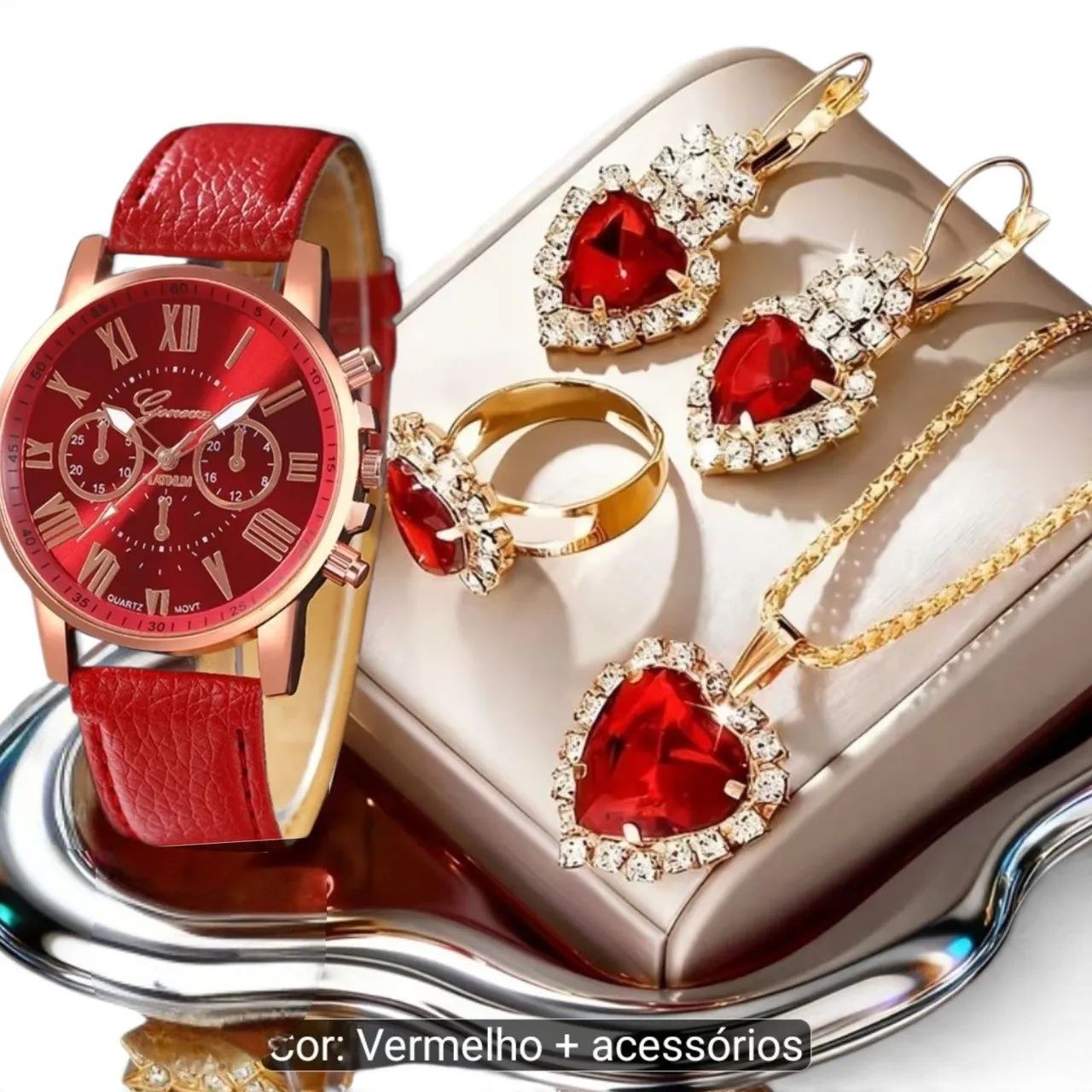 Kit Relógio Vermelho com Colar Brincos e Anel