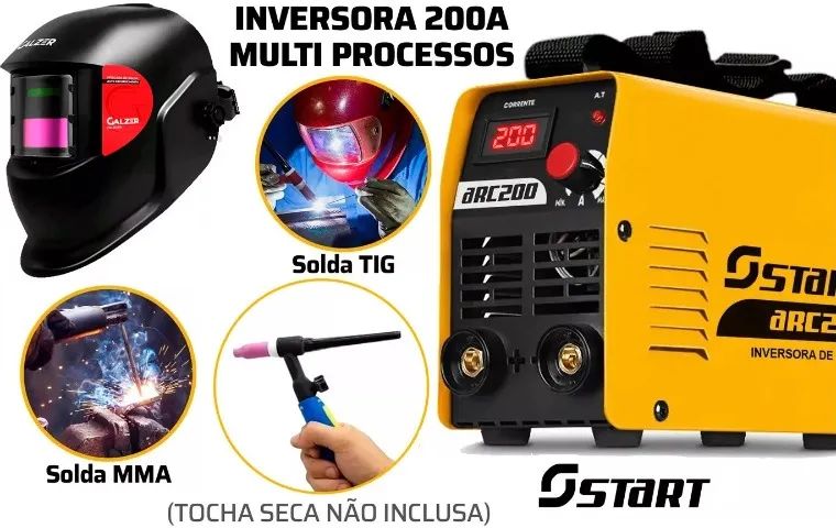 Maquina De Solda Inversora Eletrica 200A 220v Mma + Tig Com Máscara De Solda Automática + 