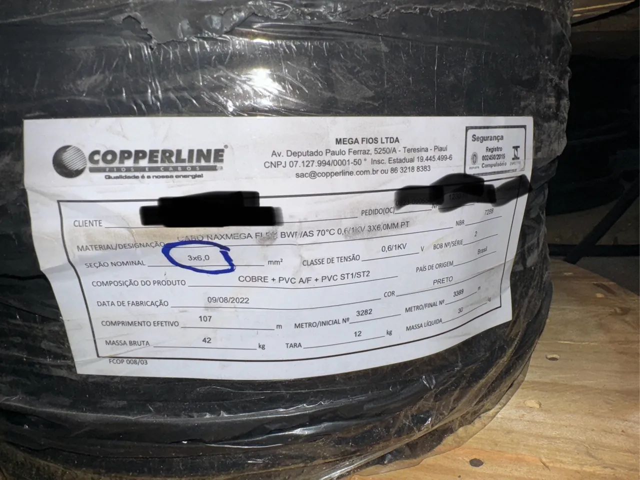 Cabo PP 3 x 6 1kv Bobina 107 metros Copperline