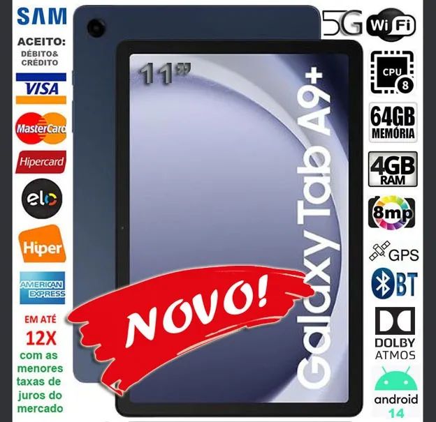 Tablet Galaxy Tab A9 Plus 11" 5G+Wi-Fi 64GB Octa Core, BT, GPS, Novíss, Caixa, NF, Troco 