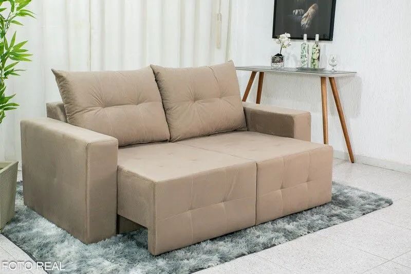 Sofá Retrátil 2 Lugares 180cm Bege Almofadas Soltas 