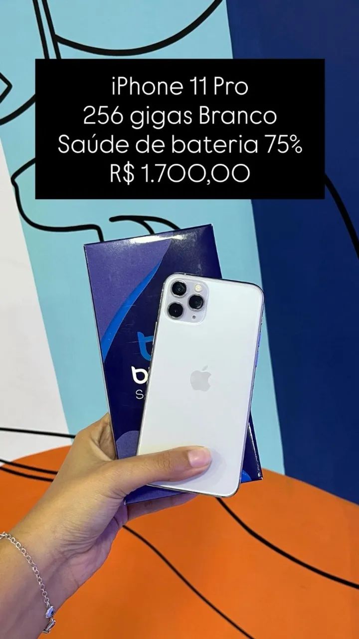 iPhone 11 Pro / 256GB / Branco / Saúde de bateria 75% / R$ 1.700