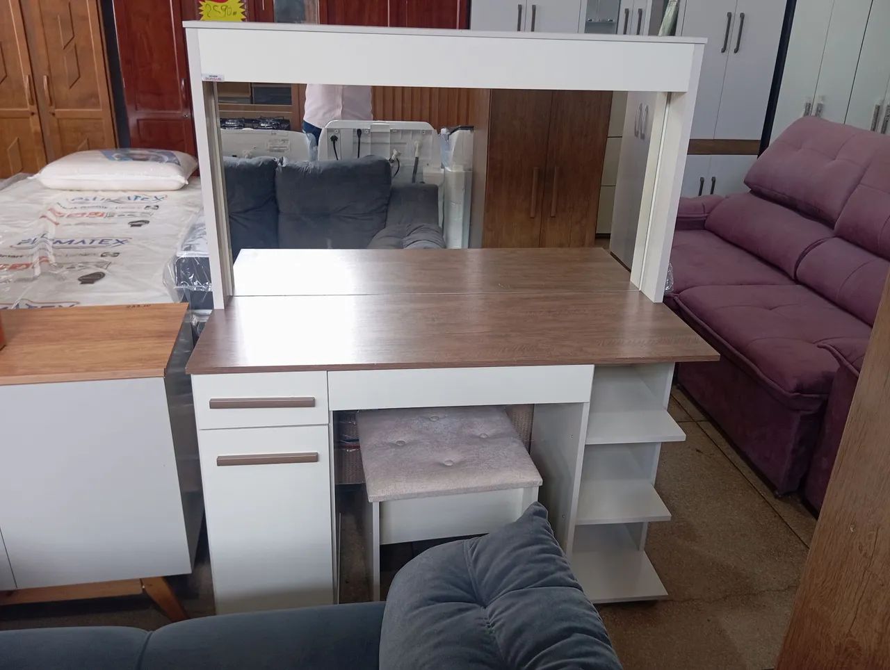 Penteadeira com Espelho e Gavetas e banco - Branco