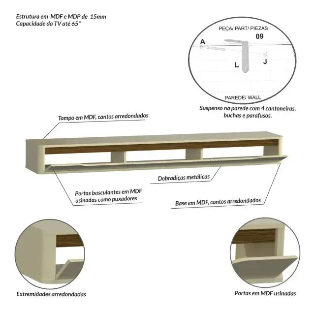 Rack Suspenso Slim Curvo 180cm Tv Até 65 Moderno  - Foto 4